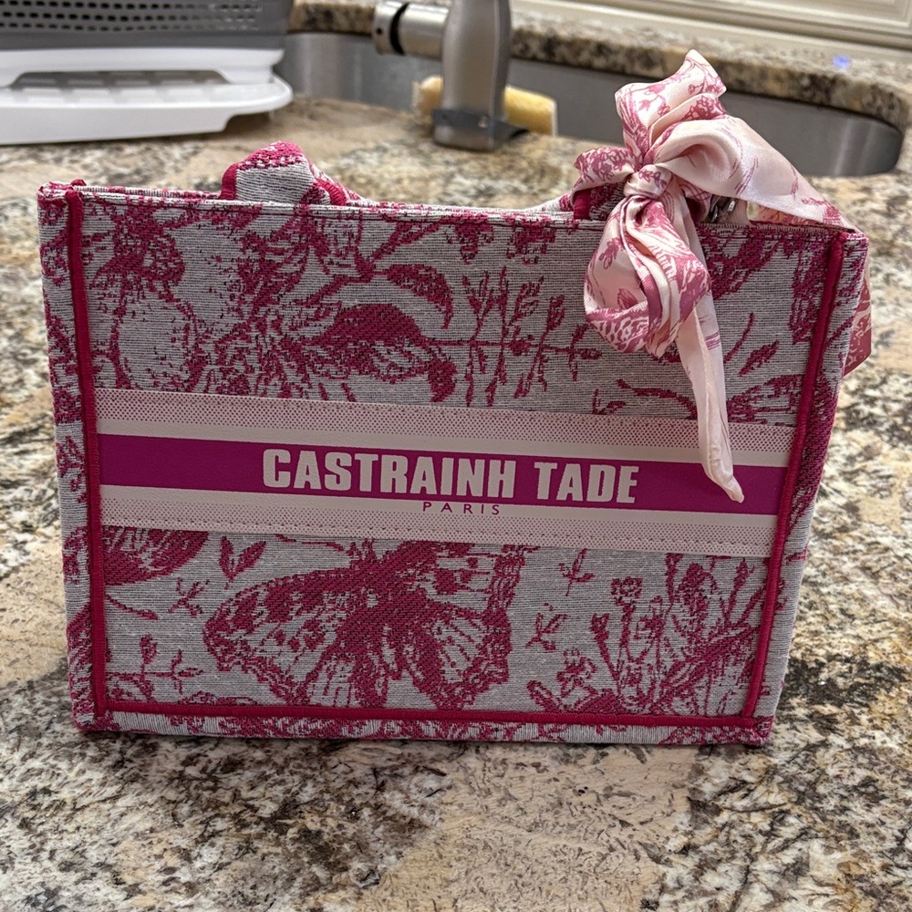 Pink and Gray Tote Bag with Bow